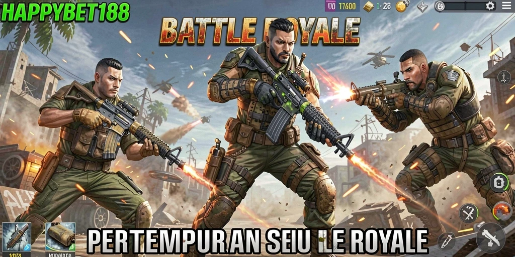 Screenshot gameplay <strong>HAPPYBET188</strong> yang menunjukkan aksi pertempuran seru di arena Battle Royale.