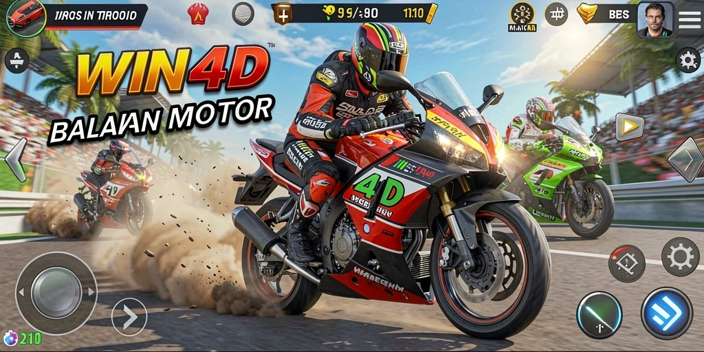 Tangkapan layar gameplay WIN4D yang menunjukkan balapan motor yang mendebarkan.